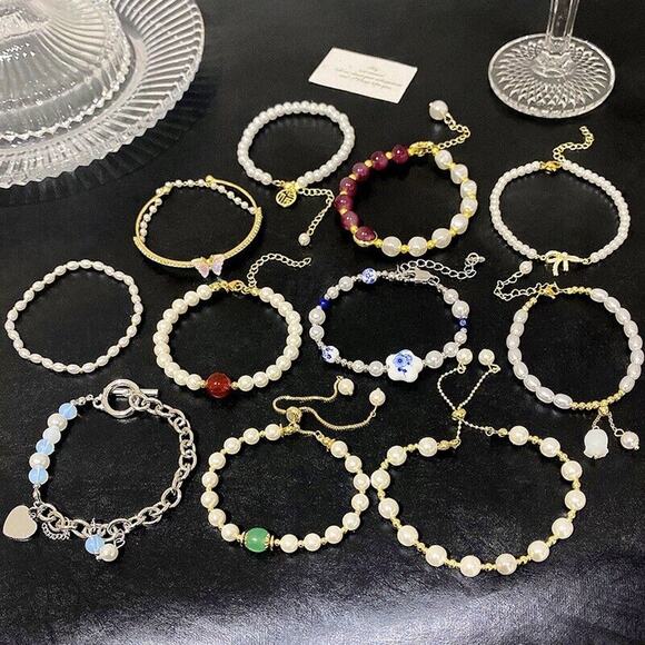 Blue Floral Elegant Silver Bead Chain Geometric Alloy Faux Pearls Bracelets Boho - Picture 3 of 5